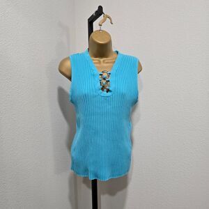 Y2K Ribbed Fitted Blue Sleeveless Sweater Womens XL Stretchy Embellished Shell